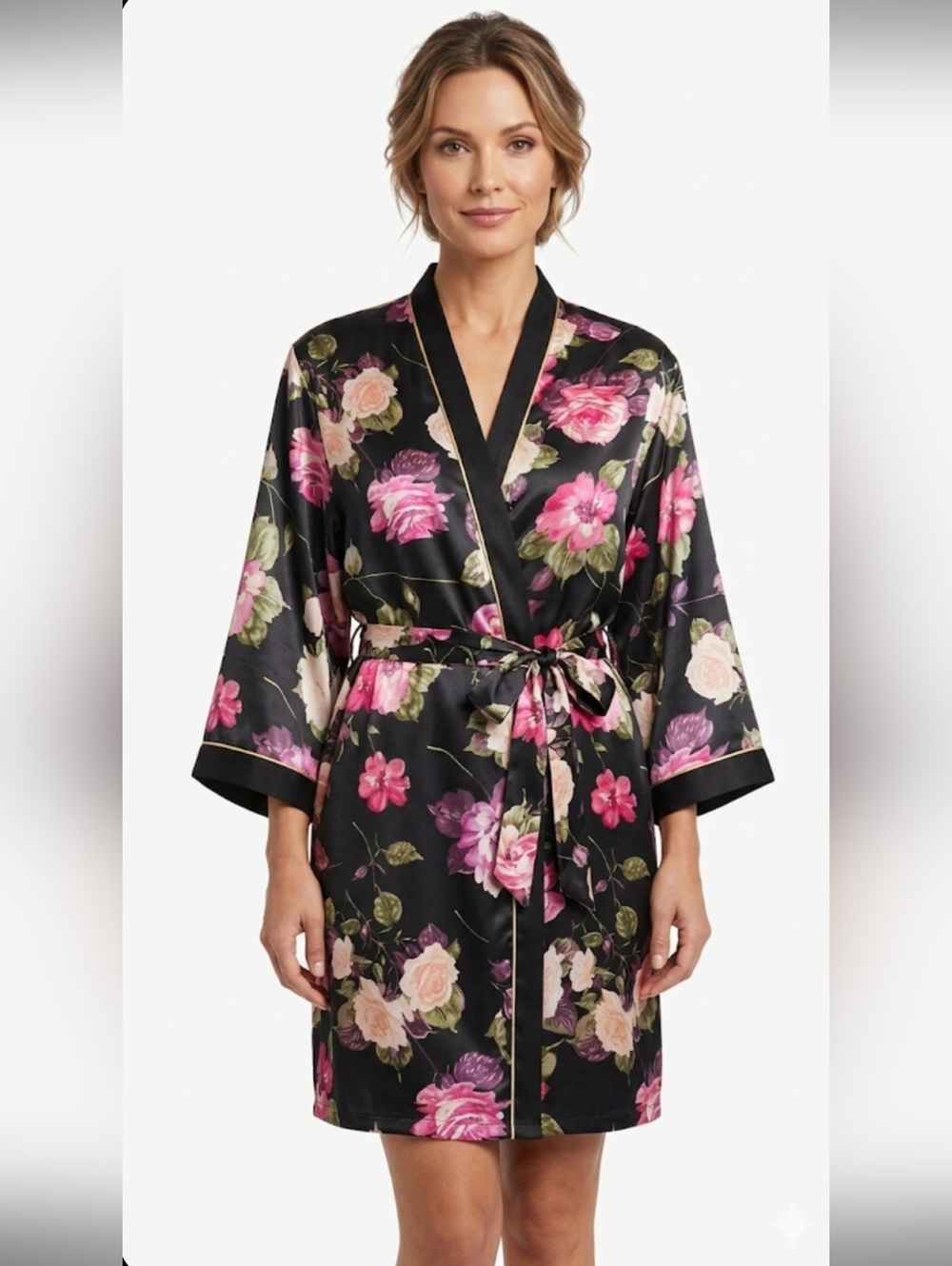OSCAR DE LA RENTA Floral Satin Kimono Robe - Black & Pink, Size S.
